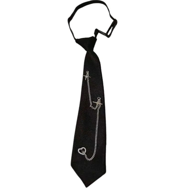 Punk Crosses Heart Chain Pre Tied Black Ties Versatiles Adjustable Necktie Neckwear for Youthful Campus Uniform Outfits