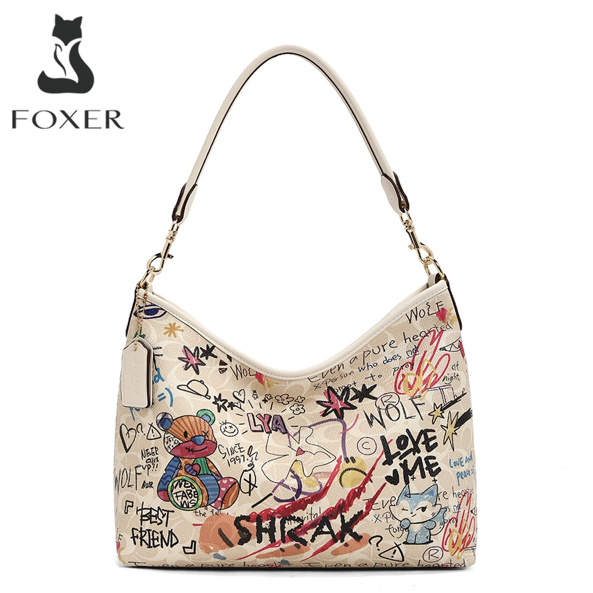 

Женская сумка-тоут FOXER, осень-зима 2022, новая высококачественная сумка подмышки, сумка через плечо с граффити и принтом маленького медвежонка