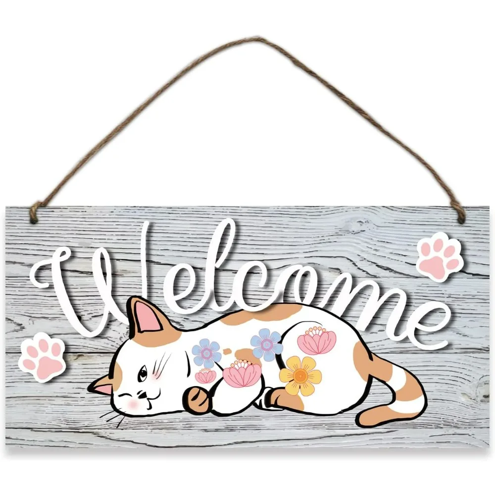 Welcome Wood Sign, Wood Hanging Plaque Rustic Farmhouse Wall Sign Decor Cat Flowers Patter Front Door Sign Decorations with