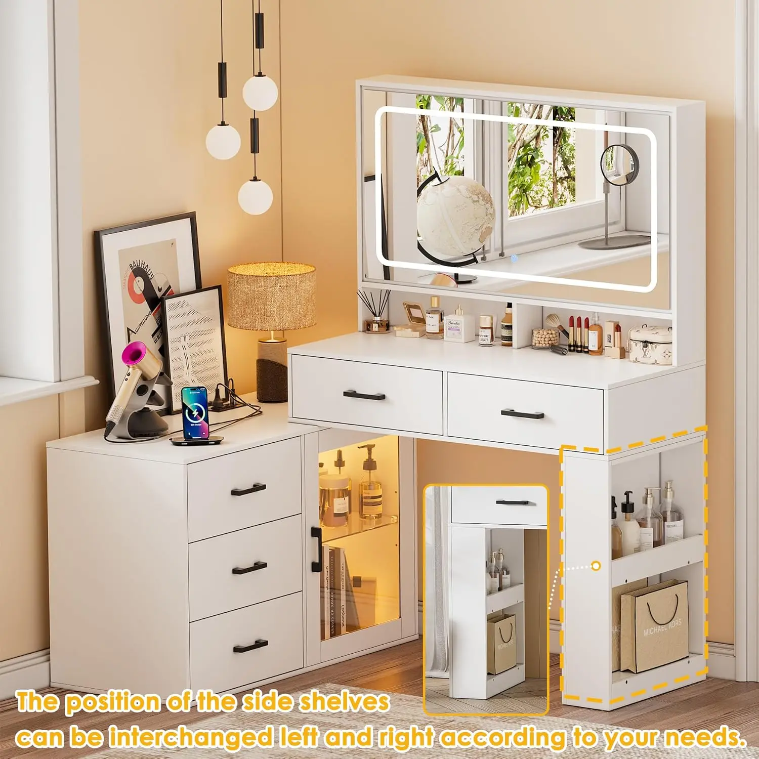 

White Makeup Vanity Desk with Mirror and Lights & Charging Station, 3 Color Modes & Adjustable Brightness Dressing Table