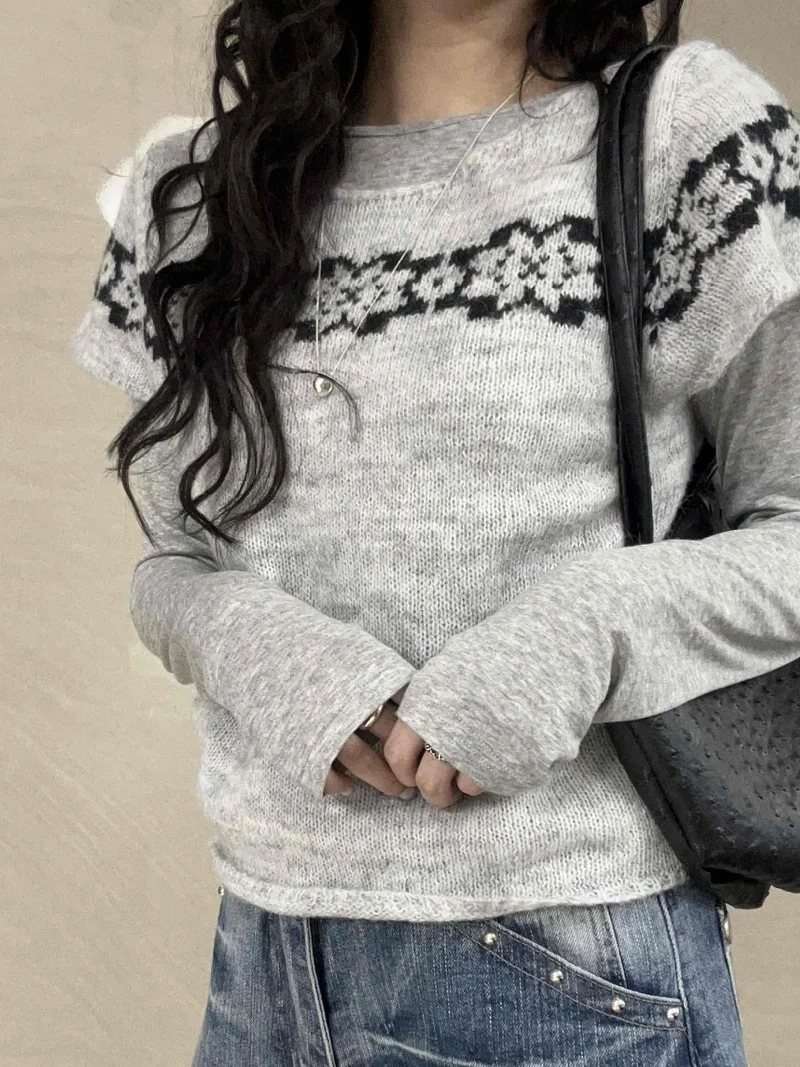 

Retro Chic ort Sve Knitted Sweater Women's Base Layer Top Geometric Pattern V-Ne Regular Length Spring Faion