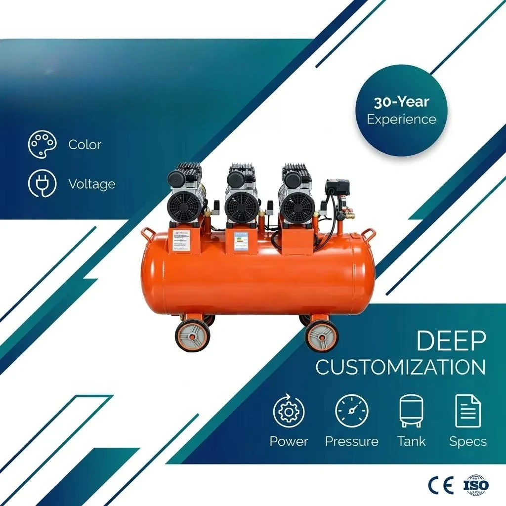 Industrial Silent Oil-Free Piston Air Cooled Air Compressor 4.5KW 220V High Efficiency Energy Saving Type 180L Capacity