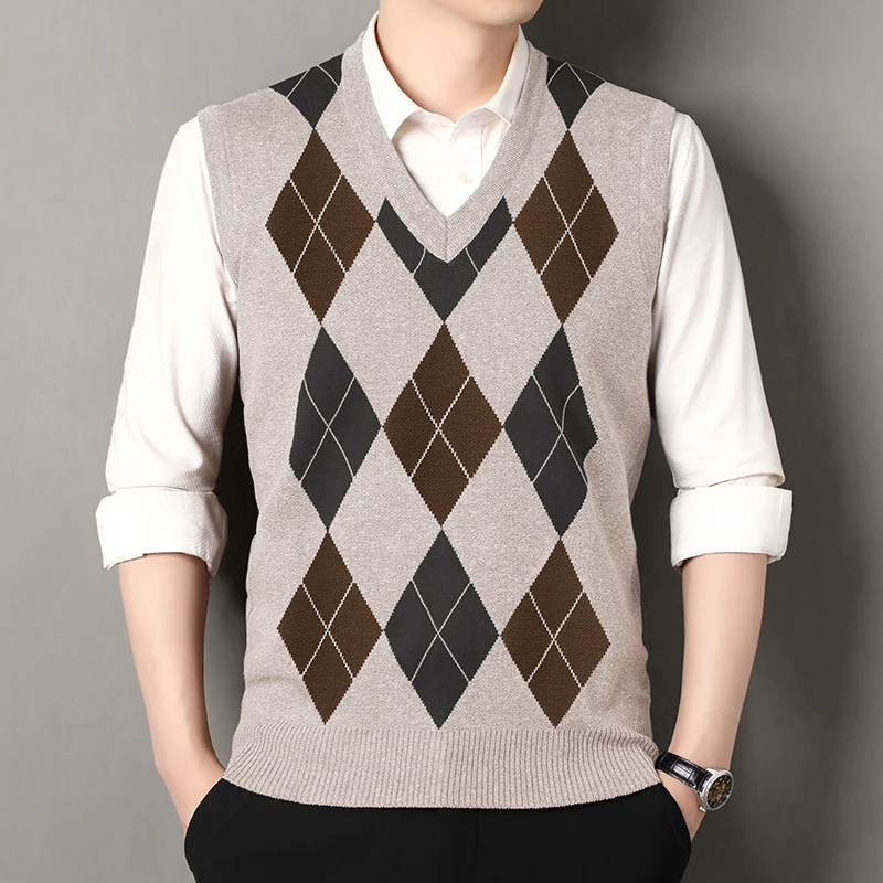 Business Men's Argyle Knit Vest 2026 Spring V Neck Sleeveless Pullovers Men Casual Slim Fit Pullover Knitted Plaid Sweater Vests