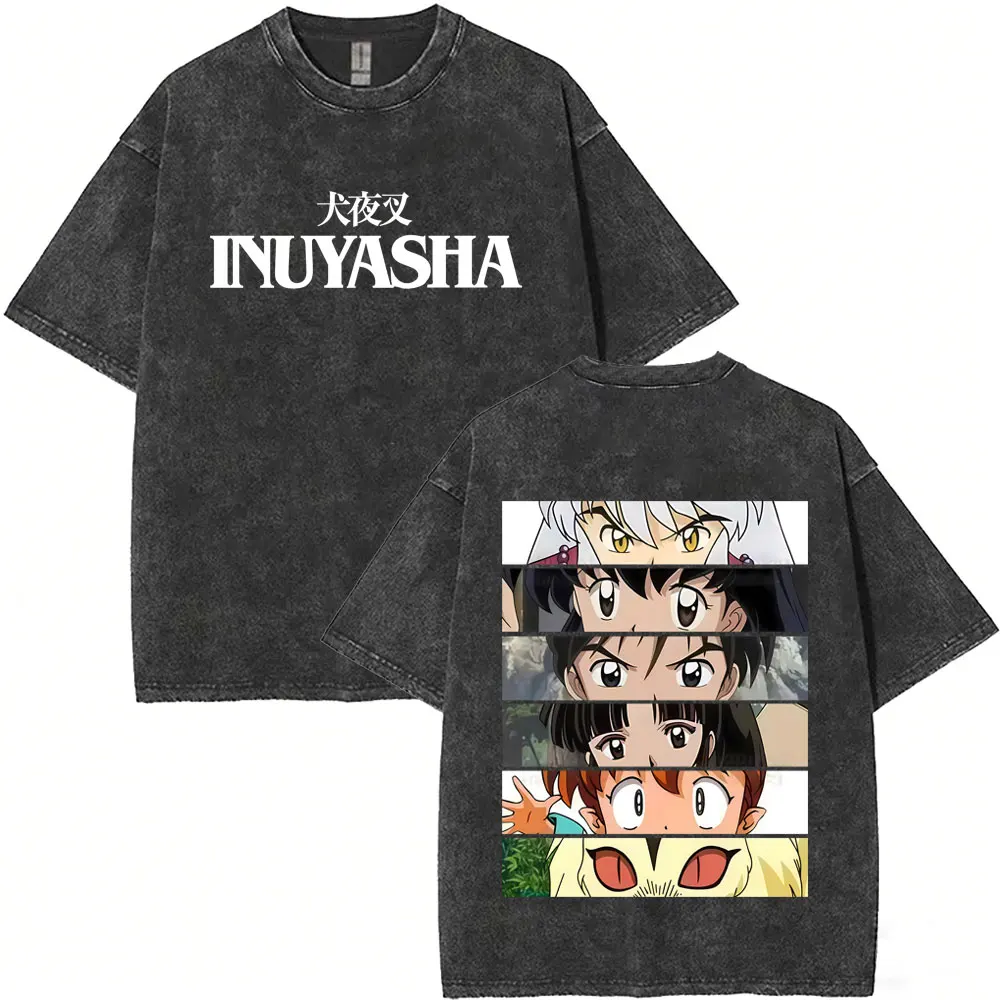 Washed Vintage Anime Inuyasha Kagome Miroku Sango Shippo Kirara Eyes Print T-shirt Men Women Cartoon Casual Oversized T Shirts