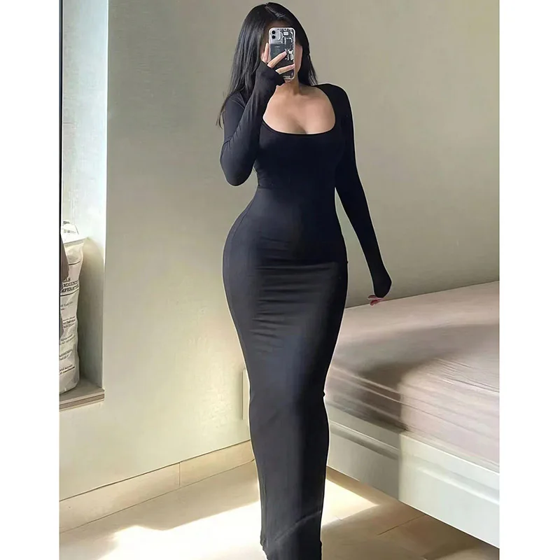 Damen Einfarbiges Langarm-Bodycon-Kleid Minimalistisches Lässiges Modekleid mit Rundhalsausschnitt Figurbetontes Wickelkleid Urlaubskleid für Frauen
