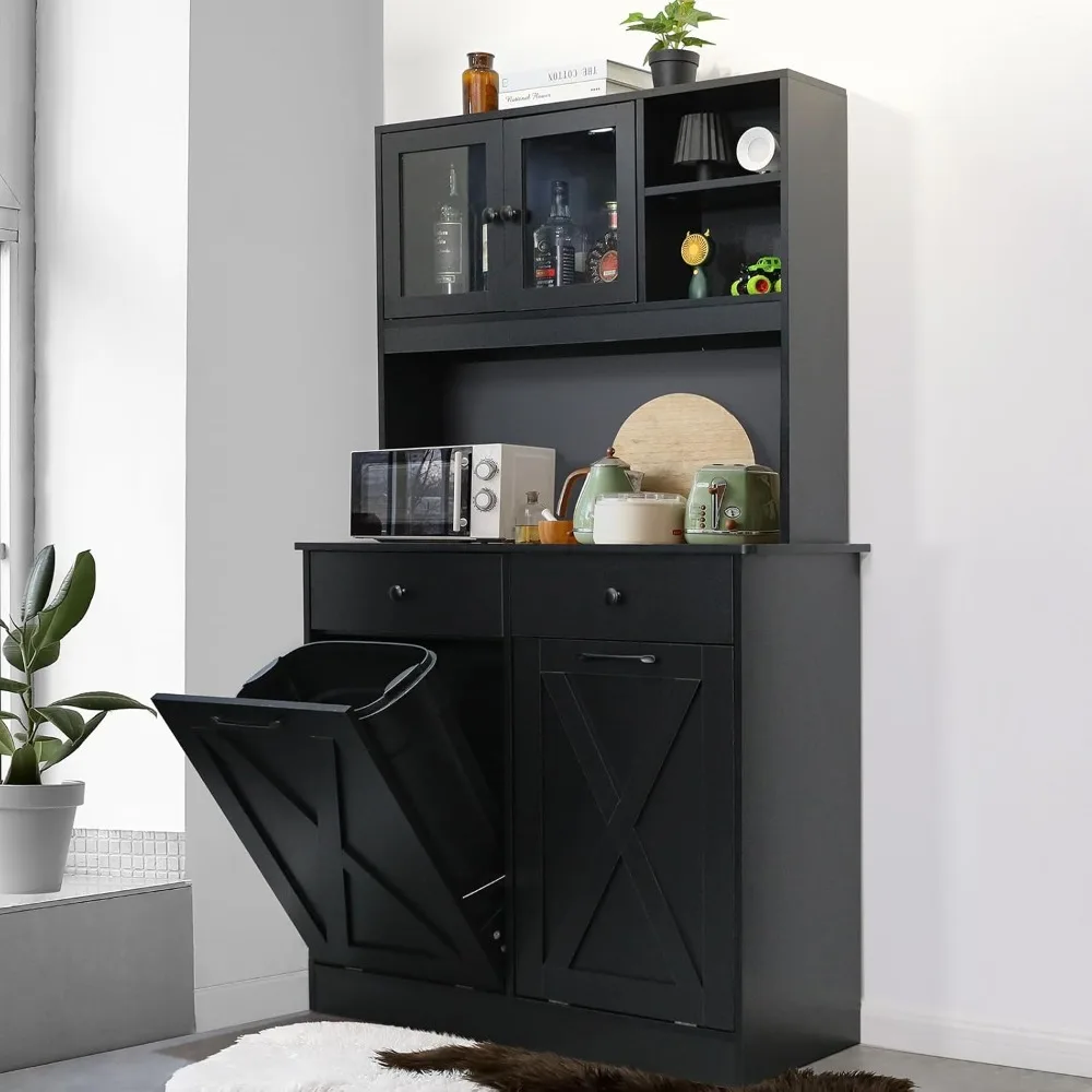 Dual Tilt Out Trash and Storage Cabinet, Kitchen Sideboard Cupboard W/Pet Proof Garbage Holder, Freestand Laundry Sort Cabinet