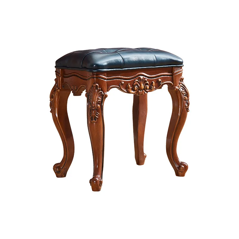 American Solid Wood Leather Vanity Stool, European Style Piano Bench, Carved Design for Bedroom, Home Decor, 426