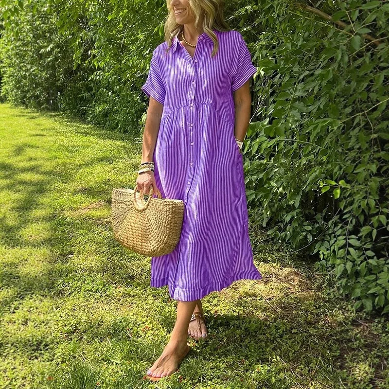Loose Casual Cotton Linen Stripe Short Sleeve Shirt Dress Women Summer New Style Midi Skirt Straight Tube Dress for Ladies