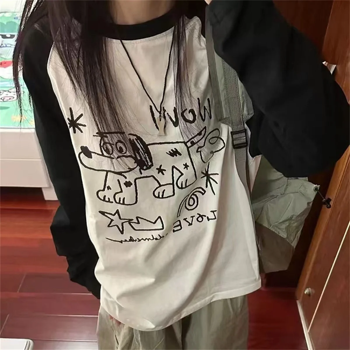 Kawaii Grafik T-shirts Frauen Nette Anime Langarm Tops Japanischen Vintage Y2k Adrette Casual Süße T-shirts Übergroßen Tops