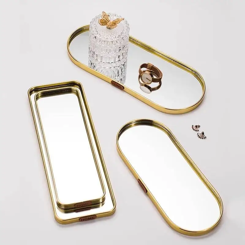 

Nordic Gold Mirror Light Home Jewelry Rectangular Storage Tray Simple Table Decoration Ornaments Shooting Props