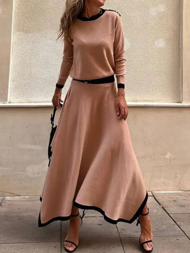 O Neck Casual Two Pieces Sets, Women Autumn Solid Patchwork Fashion Outfit, Long Sleeve Top Maxi Skirts Ladies Suits Streetwear