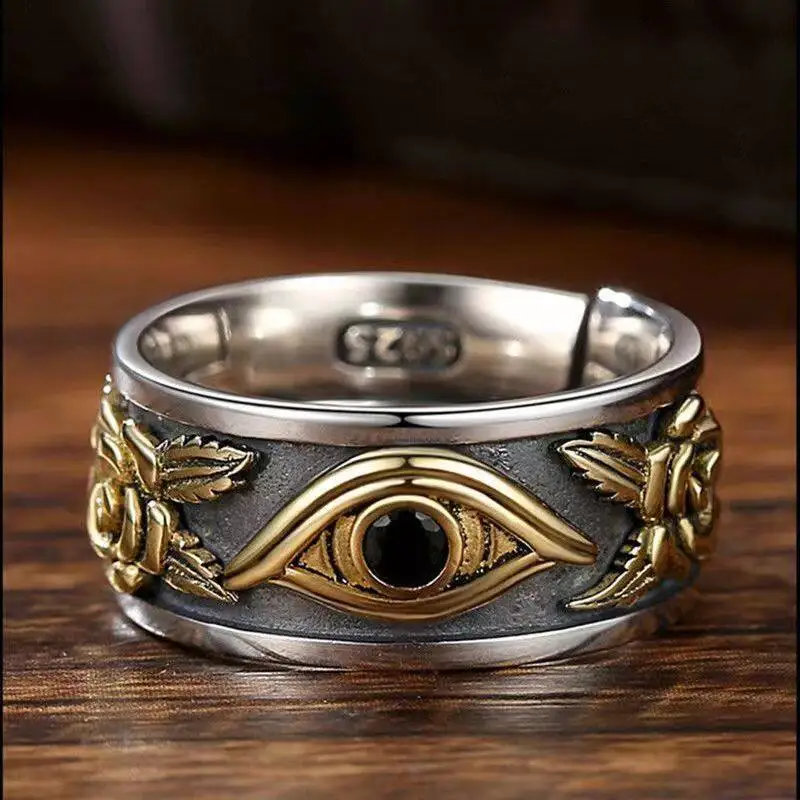 Vintage Patron Saint Eye of Horus Engraved Pattern Opening Adjustable Ring Men's Punk Eye of God Amulet Jewelry