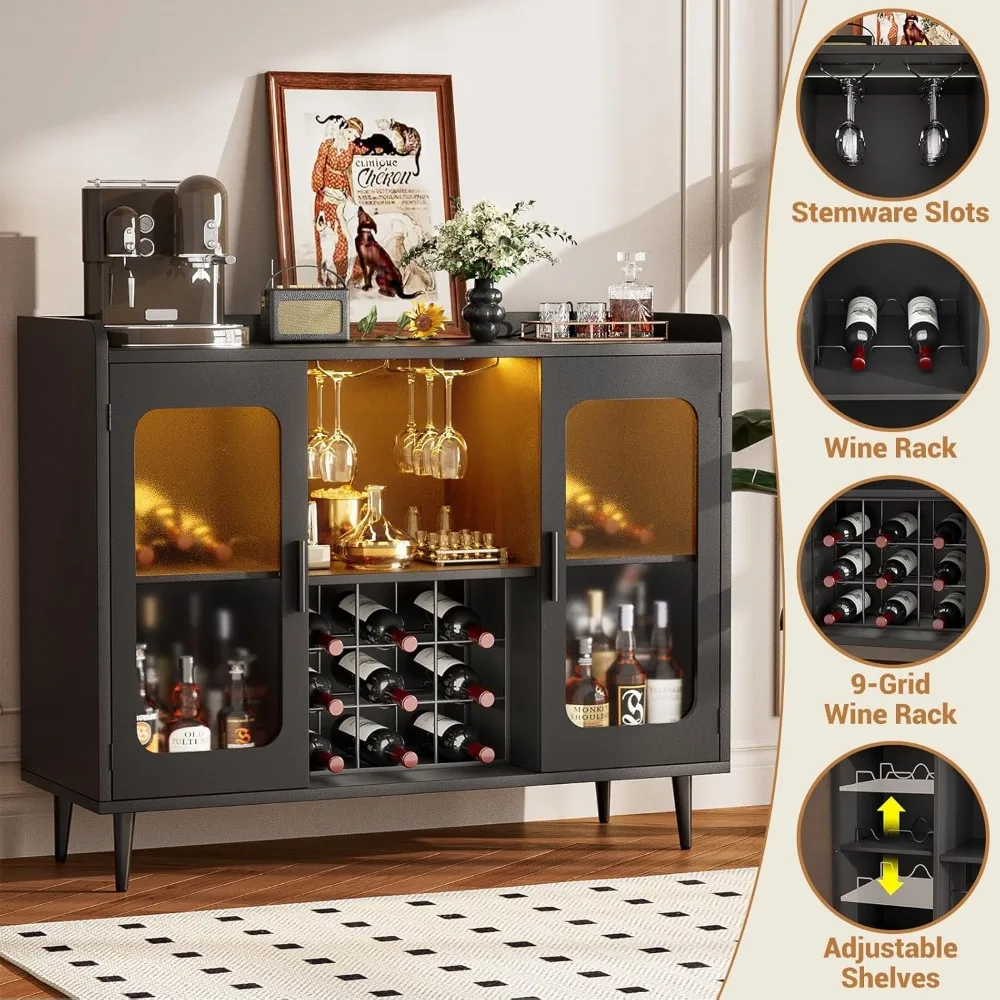 Armário de bar de vinho com tomada de energia, barra de armário de bebidas com luz LED, armários de bar de café doméstico, aparador de buffet