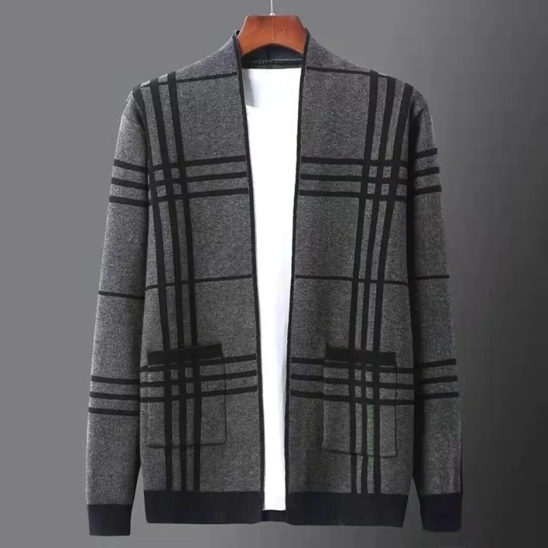 

Мужская осенняя клетчатая тонкая вязаная куртка с карманами, свободная посадка, элегантная рабочая одежда премиум-класса, деловой стиль с длинными рукавами, бестселлер