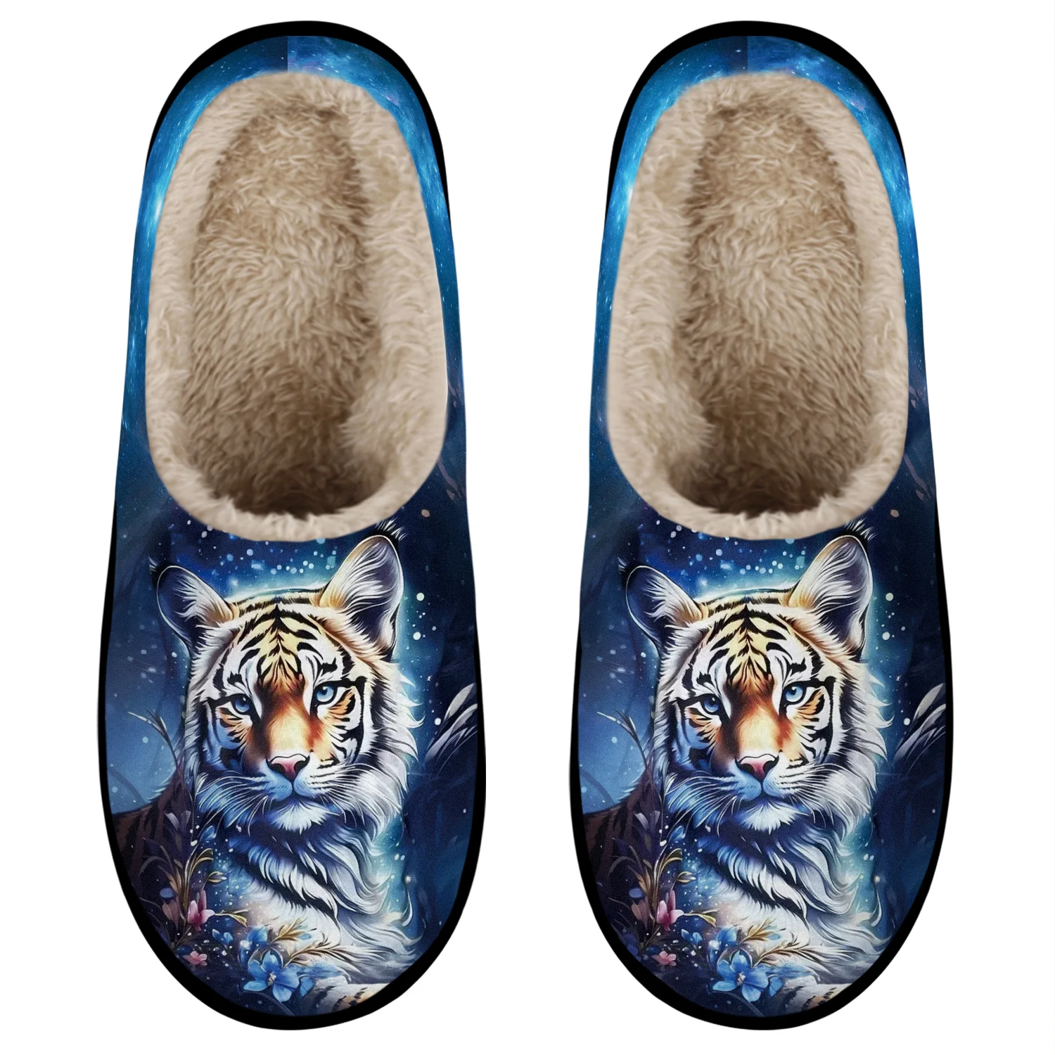 شباشب نسائية قطيفة سهلة الارتداء مع طباعة حيوانات وجه النمر - نعل مطاطي غير قابل للانزلاق، أحذية منزلية شتوية دافئة للأرضيات الباردة #2
