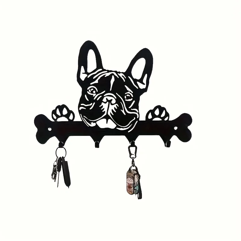 French Bulldog Key Holder Coat Rack Black Powder Coated Iron Wall Mounted Entry Storage with Paw Print Design