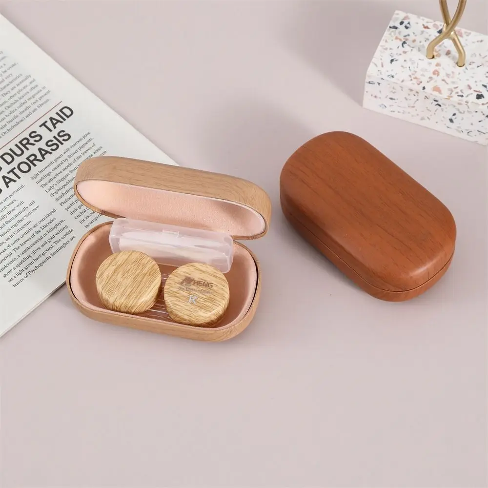 Dual Compartment Contact Lens Case Compact Size Myopia Companion Portable Lens Case Wood Grain Lens Storage Box Daily Bag Use