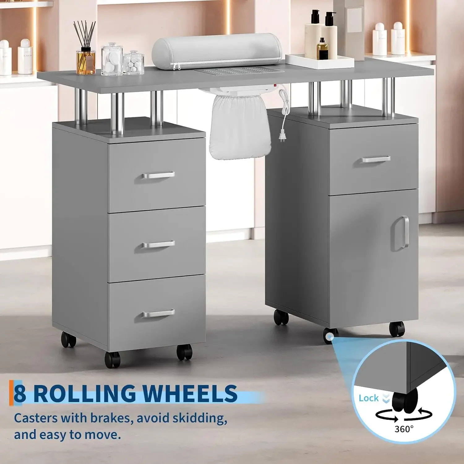 Mobile Manicure Table on Wheels, Portable Nail Desk with Storage - Pro Manicure Station with Dust Collector & Wrist Cushion, 4 D
