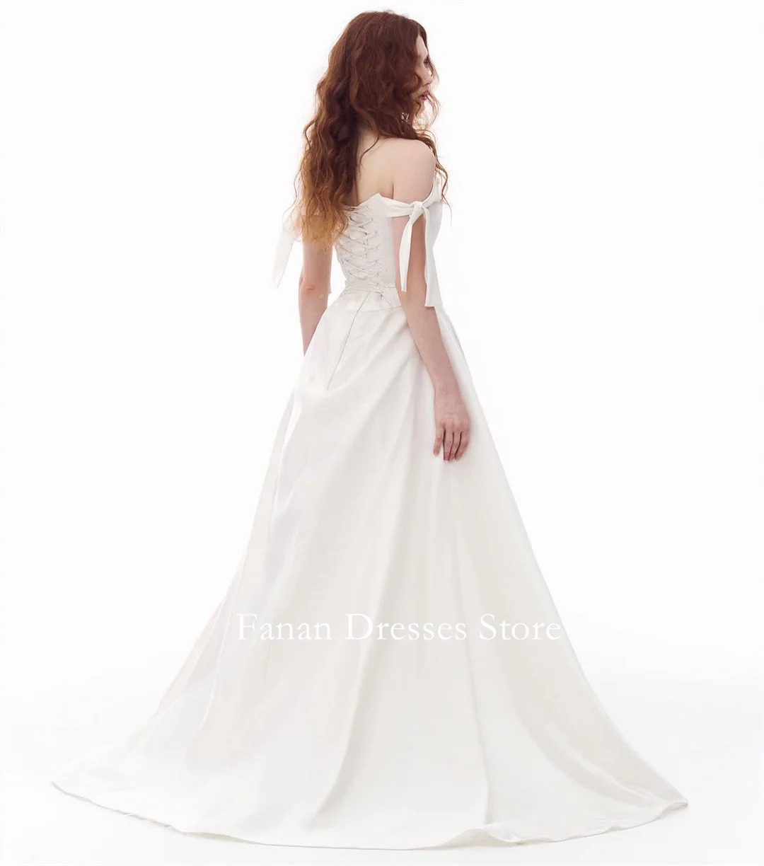 FANAN  Korean Off The Shoulder Bow Strap Wedding Dress Irregular Layered Pleated Tulle A-Line Train Minimalist Flowy Bridal Gown