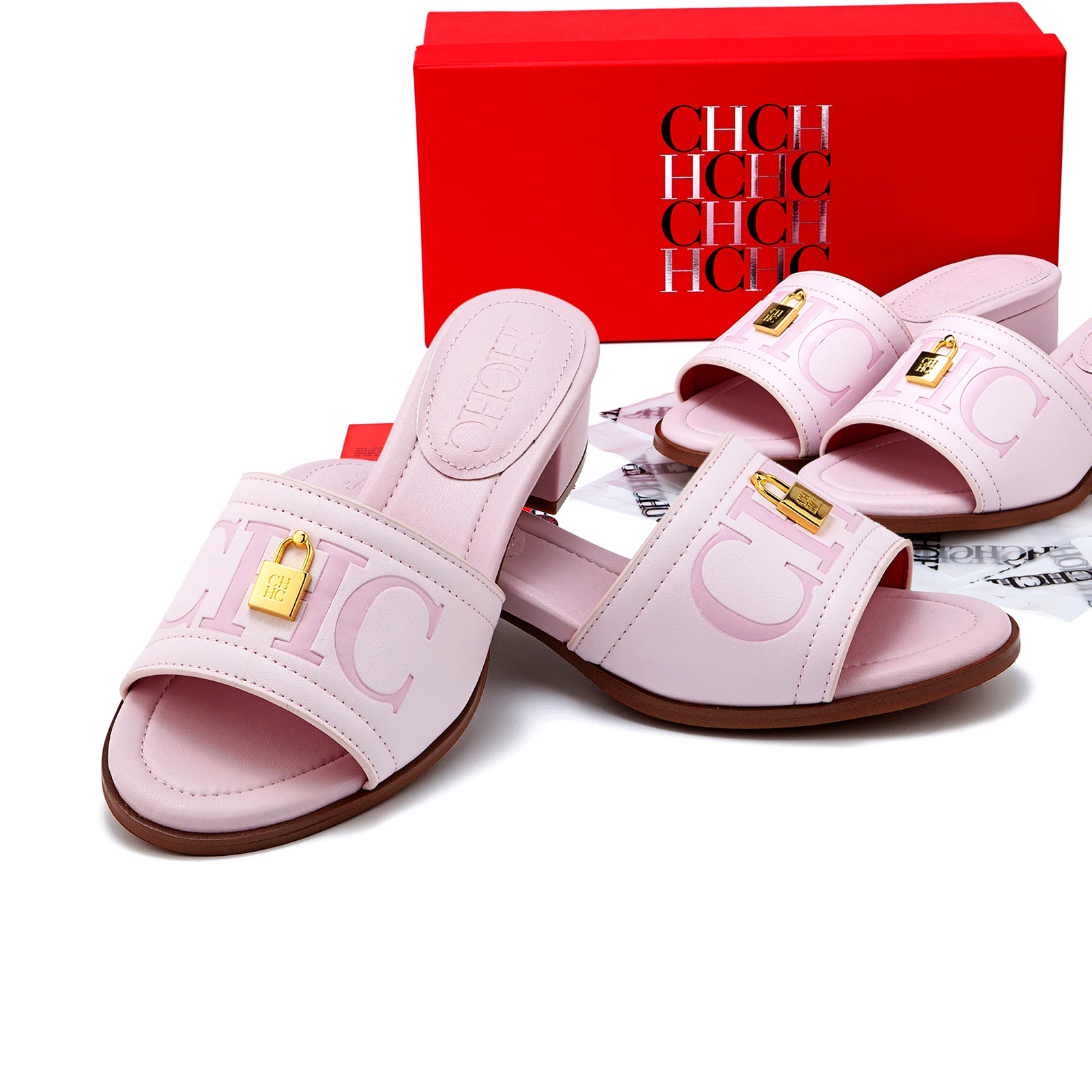Sandalias Tacón Rosa de Moda Tira Tobillo Ajustable Logo Grabado Ligero Imprescindible Playa/Boda Caja Regalo