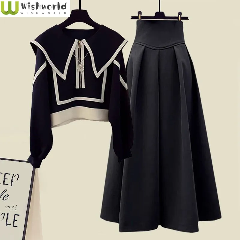 Autumn and Winter Women\'s Set 2023 New Korean Short Fashionable Top Shows Slim Waist and Versatile Half Skirt Two Piece Set