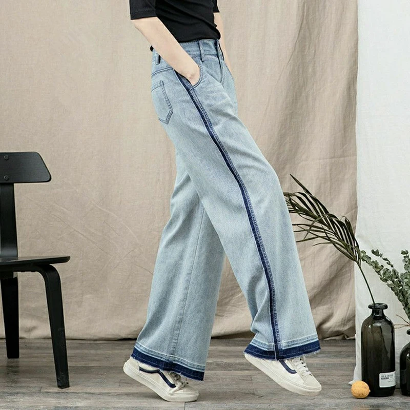 Imagem -02 - Calça Jeans de Algodão de Cintura Alta Feminina de Perna Larga Listra Lateral Jeans Casual Solto Nova Moda Coreana Primavera Verão 2023