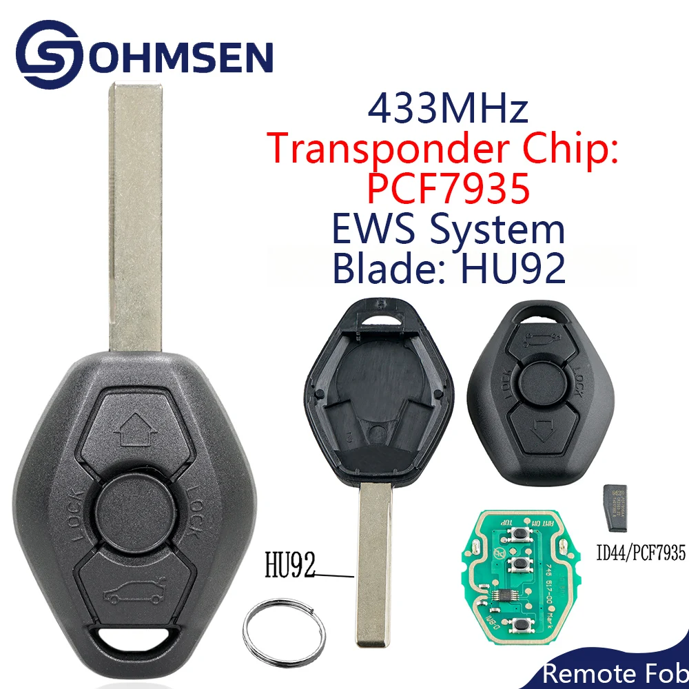 

OHMSEN For BMW E46 E39 3 5 7 Series X5 2001 2002 2003 2004 2005 2006 433Mhz 3B Remote Key Fob Transponder Chip: PCF7935