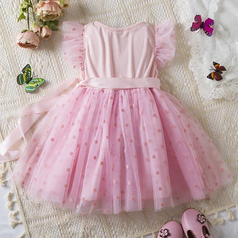 Neonate vestiti Casual per maniche volanti abiti in rete punteggiata a pois 2024 nuova estate 2-6Y bambini bambino Tulle Tutu vestito solido