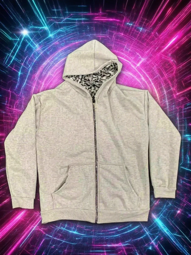 Unisex hoodie hooded sweatshirt with leopard print lining pocket, loose cardigan, zipper sweatshirt, streetwear style
