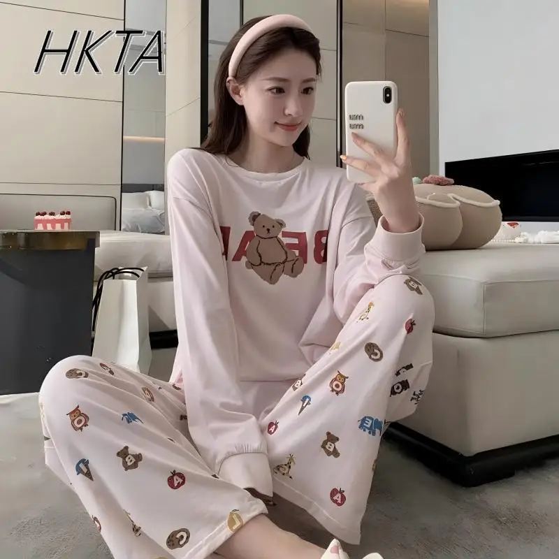 

Japanese Modal Cotton Pajamas Set Women Cute Bear Long-sleeve Trousers Sleepwear Spring Autumn Loungewear Thin Dress Nightdress