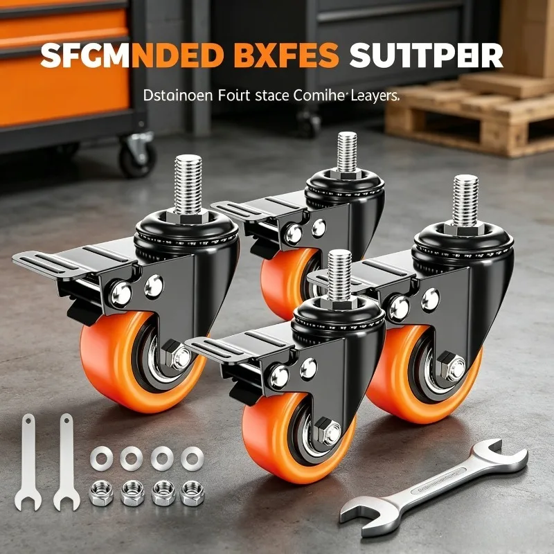 Set of 4 Heavy-Duty Industrial Casters with Brake Locking System – 1.5/2/2.5-Inch Wide Base; Suitable for Furniture, Carts, Workbenches, and Equipment Replacement – ​​Durable Rolling Casters