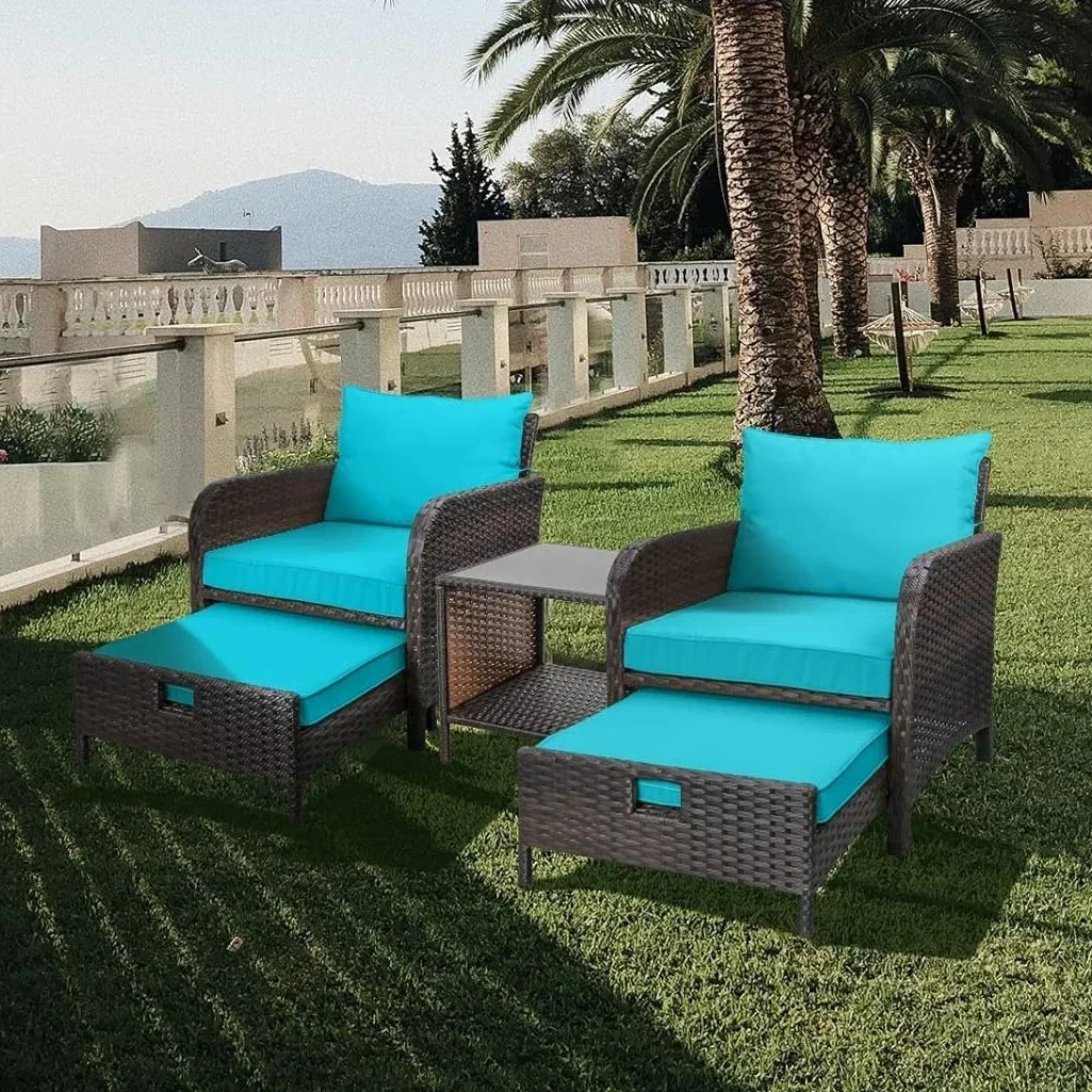 

Balcony Furniture 5 Piece Patio Conversation Set, Outdoor Lounge Chairs with Soft Cushions 2 Ottoman&Glass Table Wicker Sofa