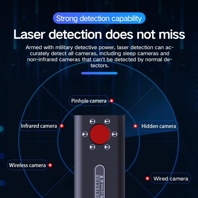 Newest Anti Spy Detector Portable Pinhole Hidden Lens Detect Gadget for GPS Tracker Hidden Camera Finder Eavesdropping Device