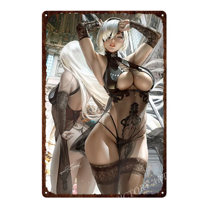 Sexy Anime Girl Metal Poster 2B Nier: Automata Girls Iron Painting Metal Plaque Tin Sign Cinema Wall Home Decor 30x40cm