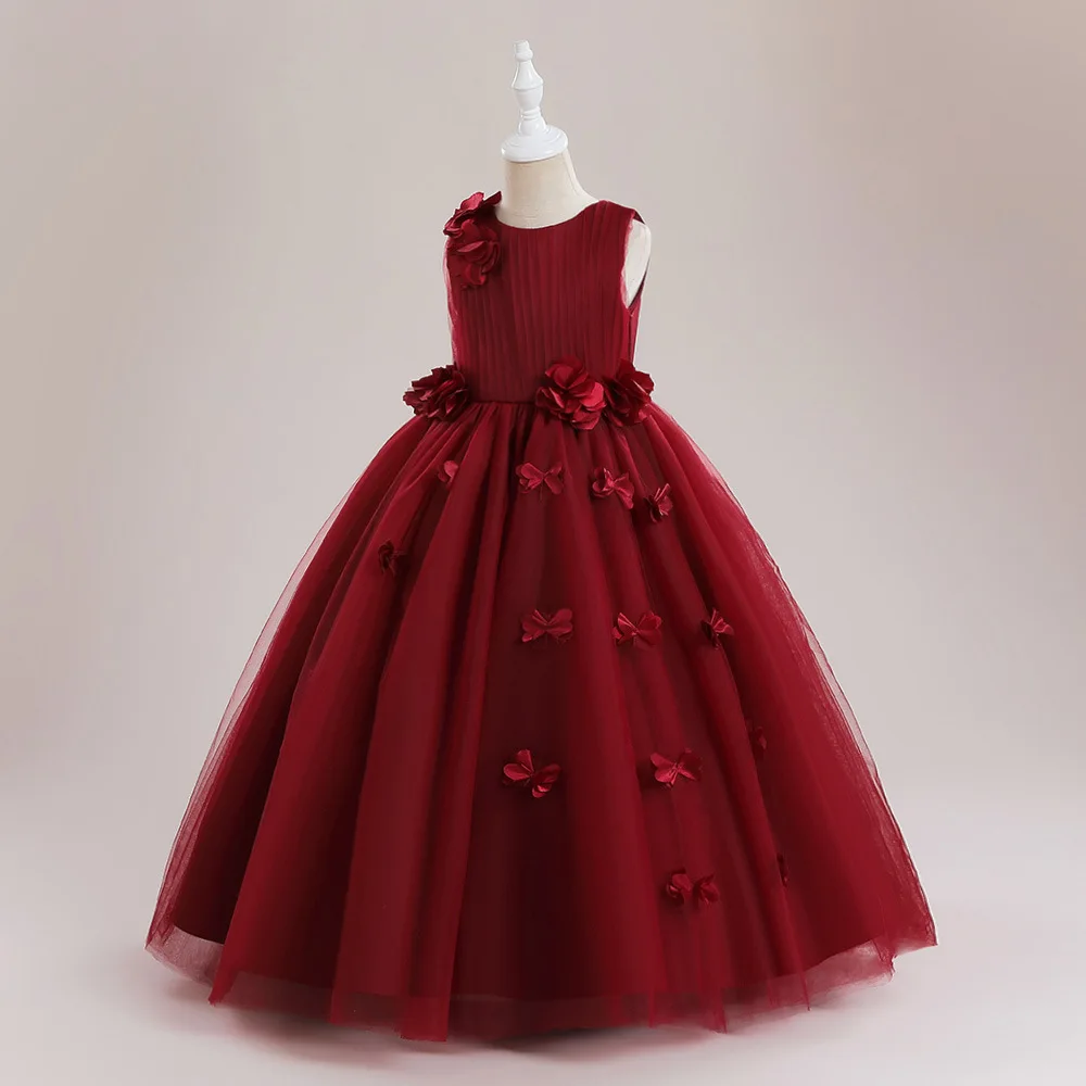 

2024 New Girl's Dress Three-dimensional Flower Floor-length Dress Pompous Princess Dress Birthday Wedding Dress