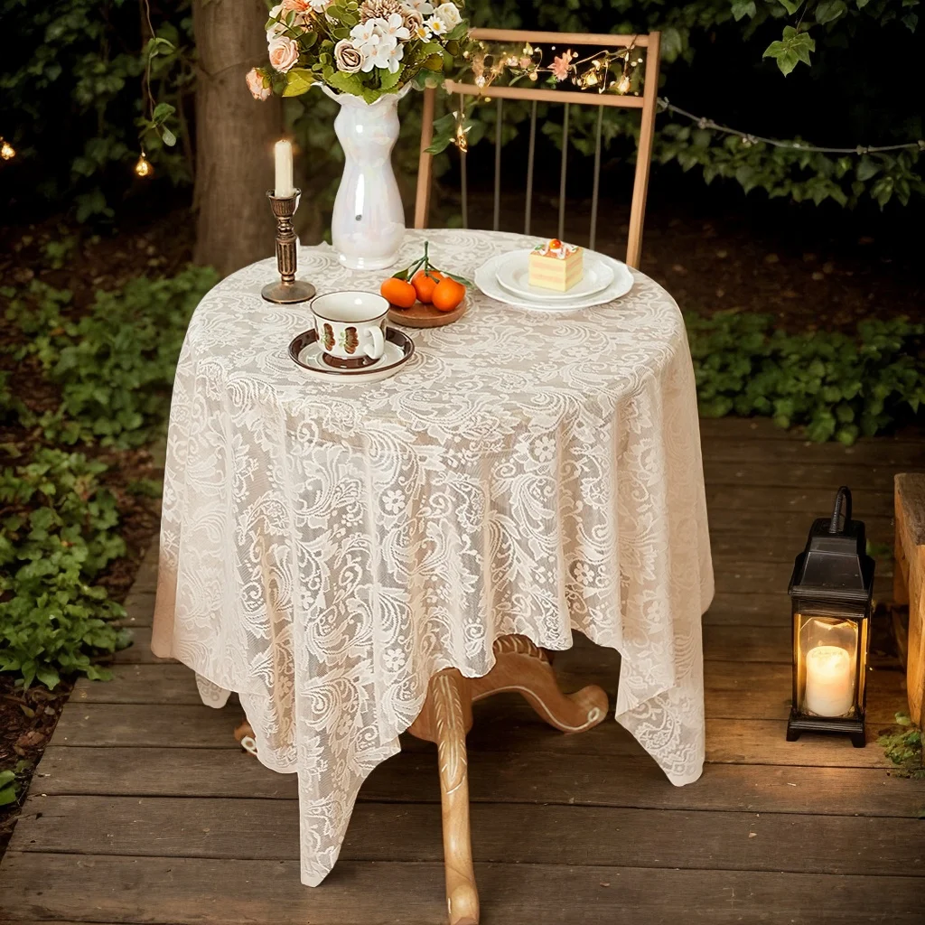 French Style Beige Countryside Lace Tablecloth for Living Room Bedroom Outdoor Dining Table Decorative Cover