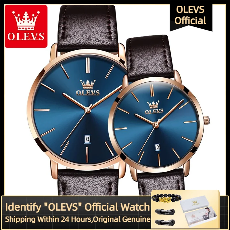 OLEVS 5869 يؤرخ أسبوع زوجين ساعة موضة رقيقة جدا 6.5 مللي متر كوارتز مقاوم للماء تنفس حزام من الجلد العلامة التجارية زوجين ساعة