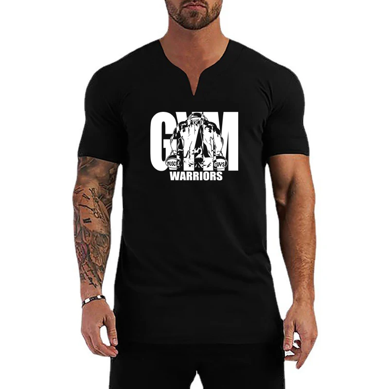 

Gym Bodybuilding Training Muscle T-shirts Mens Sport Casual Short Sleeve Clothing Summer Fitness Breathable Cotton V-neck Shirts