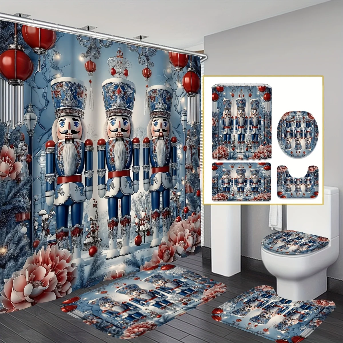 4Pcs Nutcracker Xmas Shower Set, Non-Slip Mat, Toilet Seat Cover & U-Shaped Pad, 12 Hooks Included