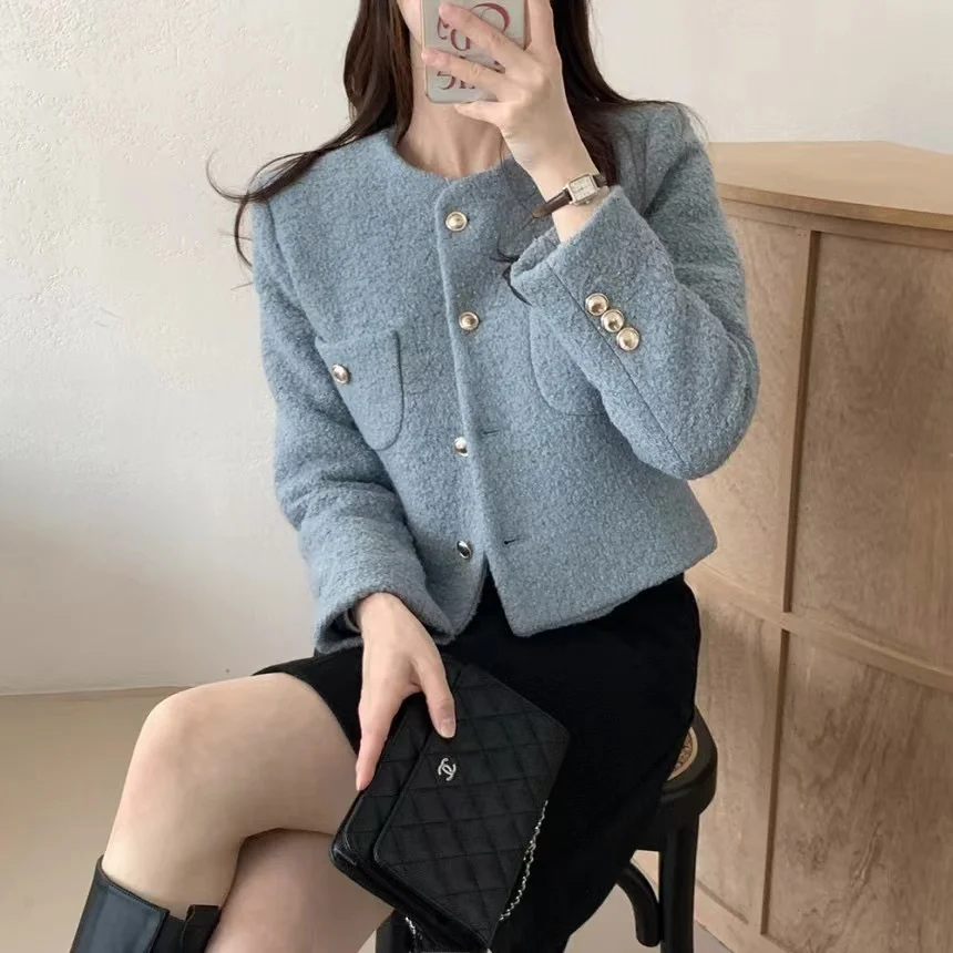 

Autumn Winter Tweed Short Coat Outerwear Loose Fit Top Small Fragrance Style Polyester Fiber 100% Women's Fashion Sweater