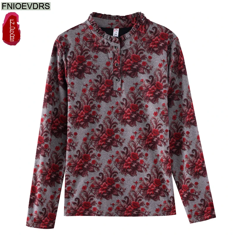 Retro Vintage Bloemenprint Fluwelen Tops Nieuw Design Dames Lange Mouw Bloemen Opstaande Kraag Knop Basics Shirts Blouses