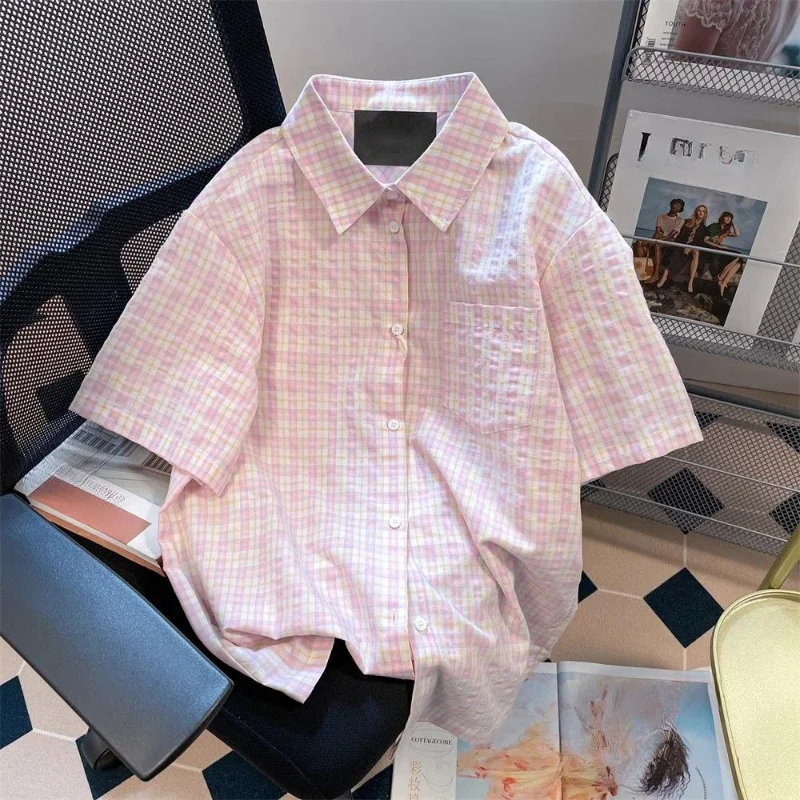 

EBAIHUI Pink Checkered Striped Women's Short Sleeved Shirt Japanese Casual Lapel Ladies Blouse Summer Thin Loose Versatile Top