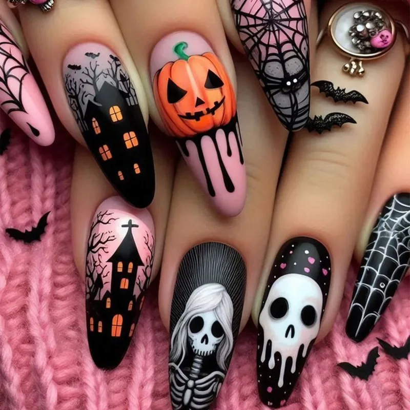 

24pcs Halloween Press Ons Nails Pumpkin Skull Spider Web Self-nail Almonds Reusable Adhesive Fake Nails Cheap Stick-on Nails Set