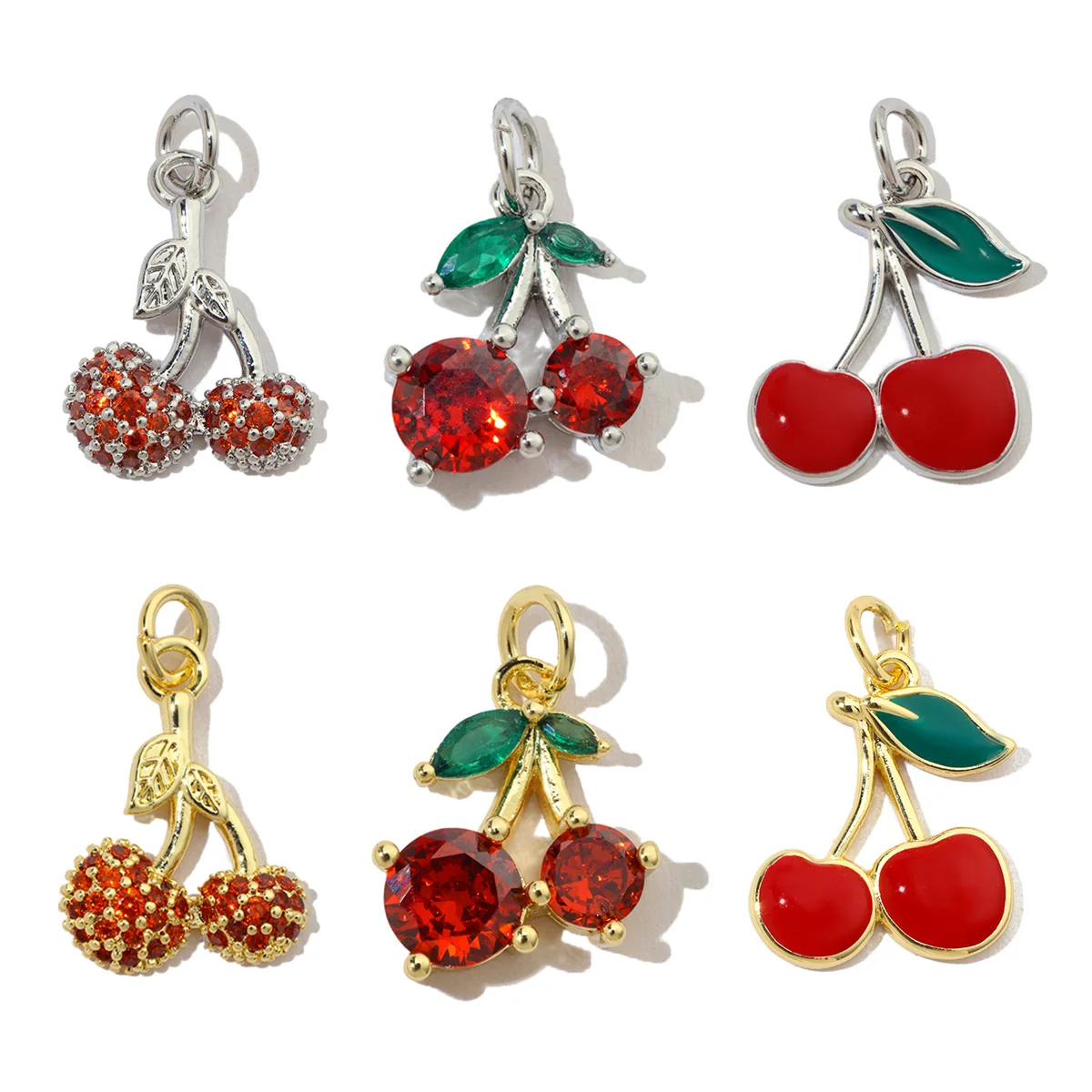 3pcs/Lot 18K Real Gold Color Red Enamel Cherry Bracelet DIY Charms Women Copper Zircon Cherries Necklace Pendant Jewelry