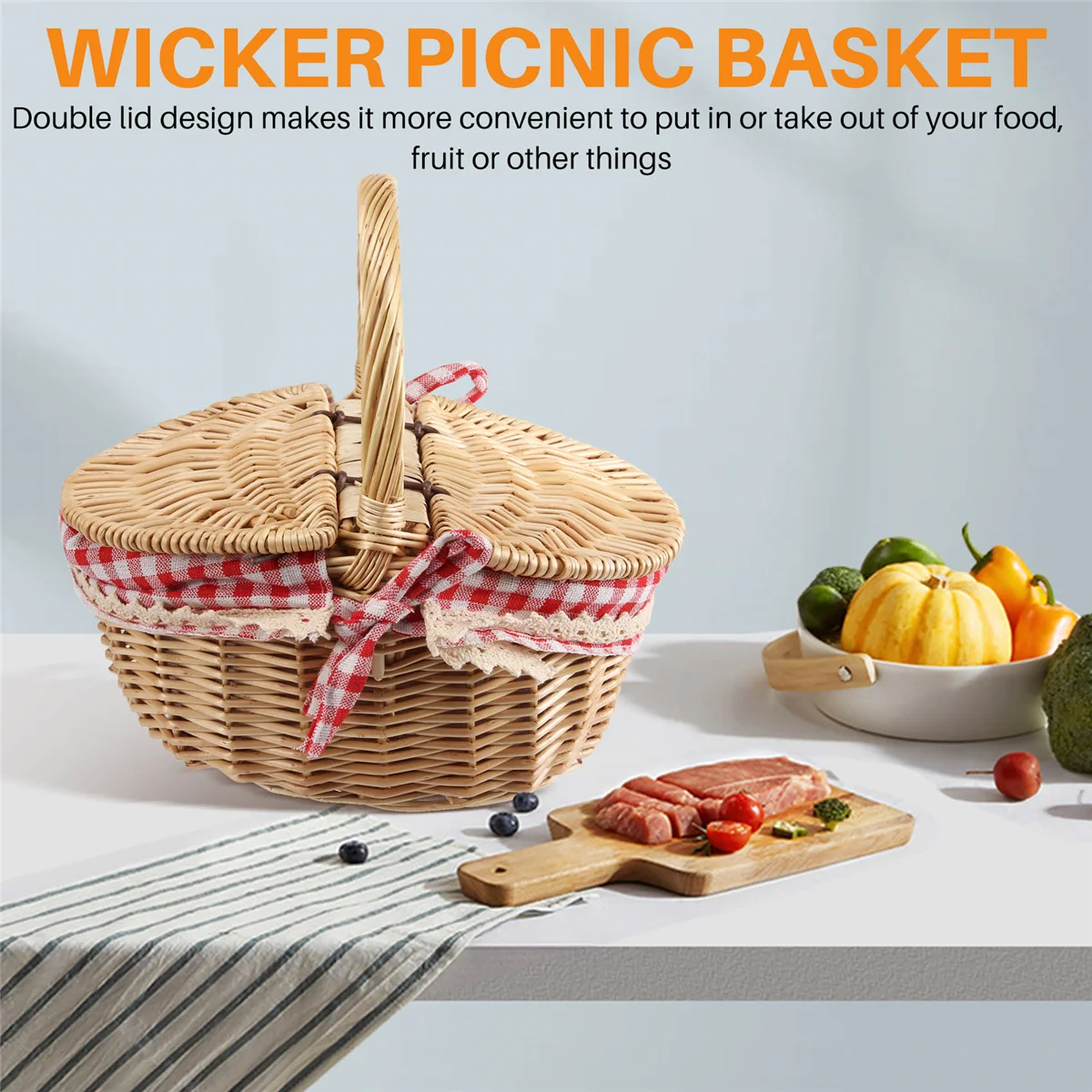 Country Style Wicker Picnic Basket, Cabaz com Tampa e Alça, Forros para Piqueniques e Churrasco