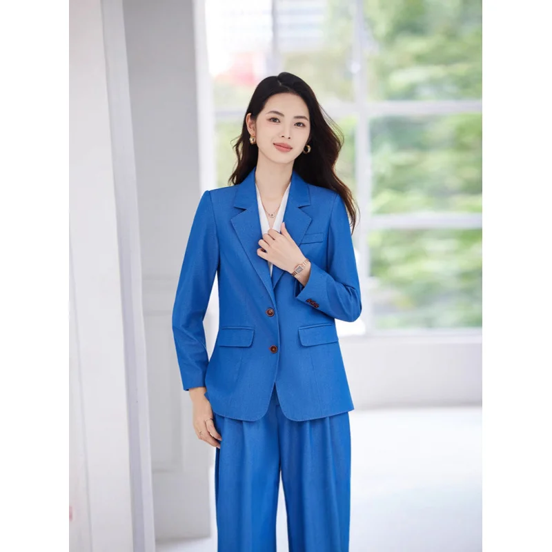 Blue women's blazer for spring and autumn, new professional attire, formal fashion, casual and elegant small suit set, workwear