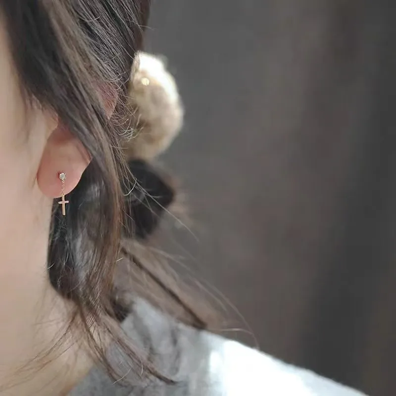 أقراط مرصعة بالفضة S925 للنساء ، ذهب 14 قيراط ، طراز كوري ، شرابة متقاطعة ، عصرية ورائعة ، مجوهرات للطلاب #4