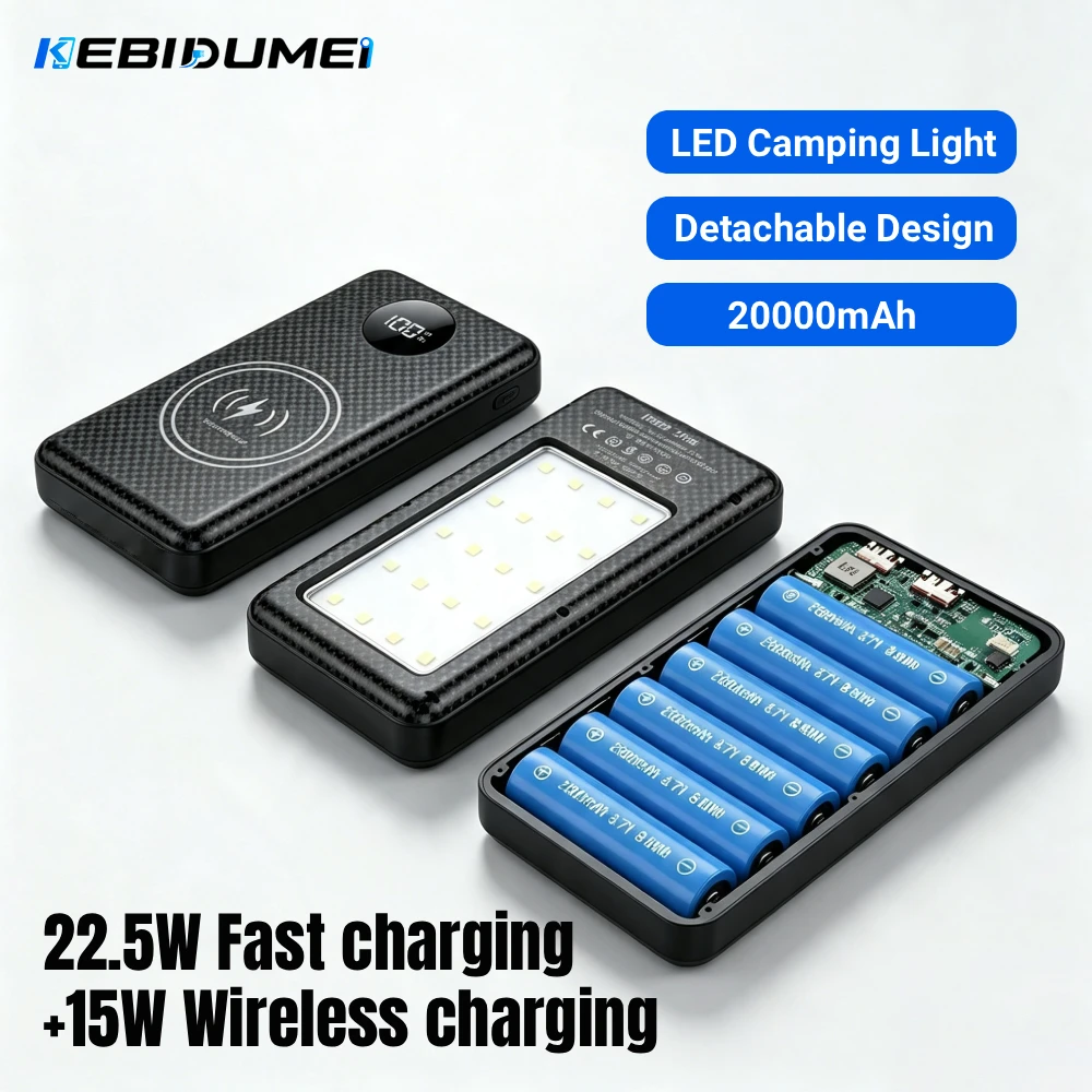 KEBIDUMEI 6×18650 Battery Storage Box DIY Power Bank Shell 22.5W 15W 10W Charging Holder Built-in Camp Light for Mobile Phone