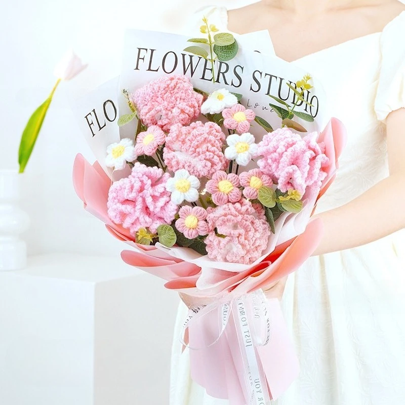 

Teachers' Day Gift Bouquet Finished Product Handmade Knitted Yarn Large Carnation Needle Simulation Flower Wholesale