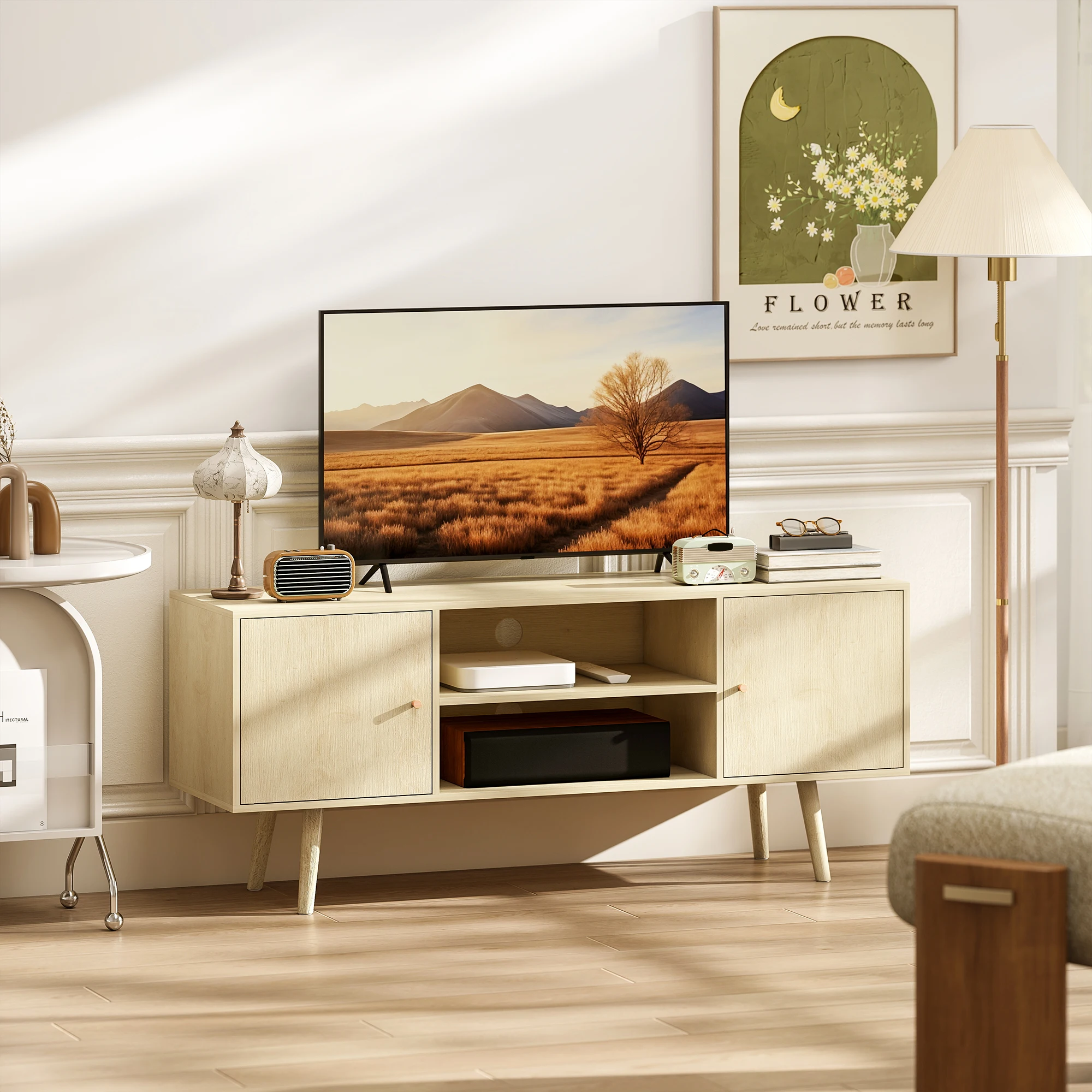 Mueble para TV HOMCOM de 120 cm, soporte para televisores de hasta 55 pulgadas con 2 gabinetes y 2 estantes abiertos, mueble de TV moderno para sala de estar, dormitorio, efecto madera natural